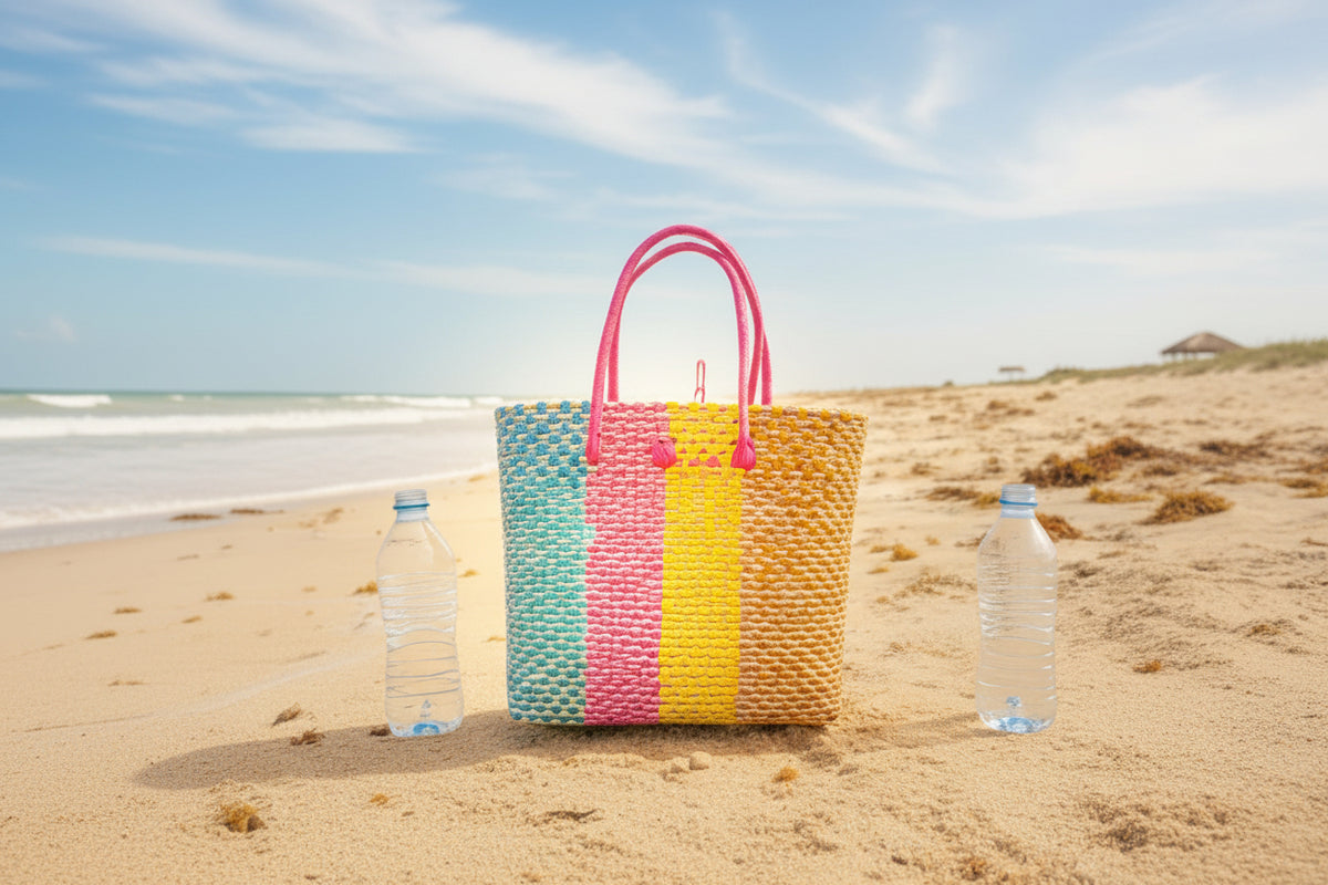 Colorful woven bag on a sandy beach with two water bottles.
