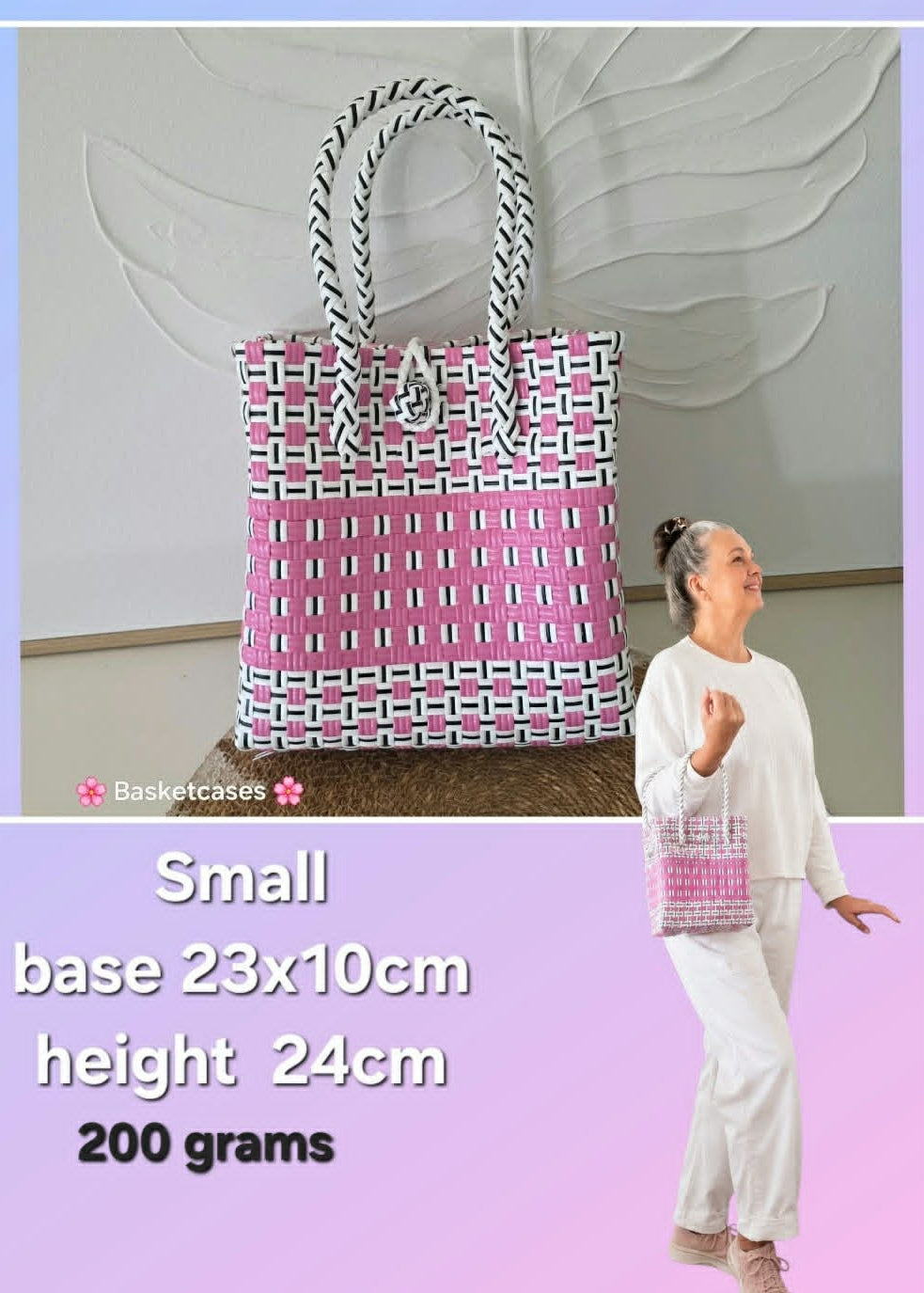 A pink woven tote bag with black and white geometric patterns and double top handles, shown alongside a woman modeling it. The image includes text detailing the bag's dimensions (23x10cm base, 24cm height) and weight (200 grams) on a lavender background.