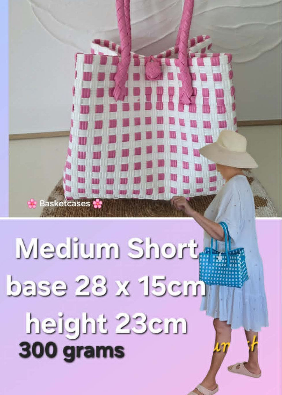 A pink and white checkered tote bag with thick pink handles, shown with overlaid text describing its dimensions and weight, plus a small model wearing a blue bag in the lower right corner.