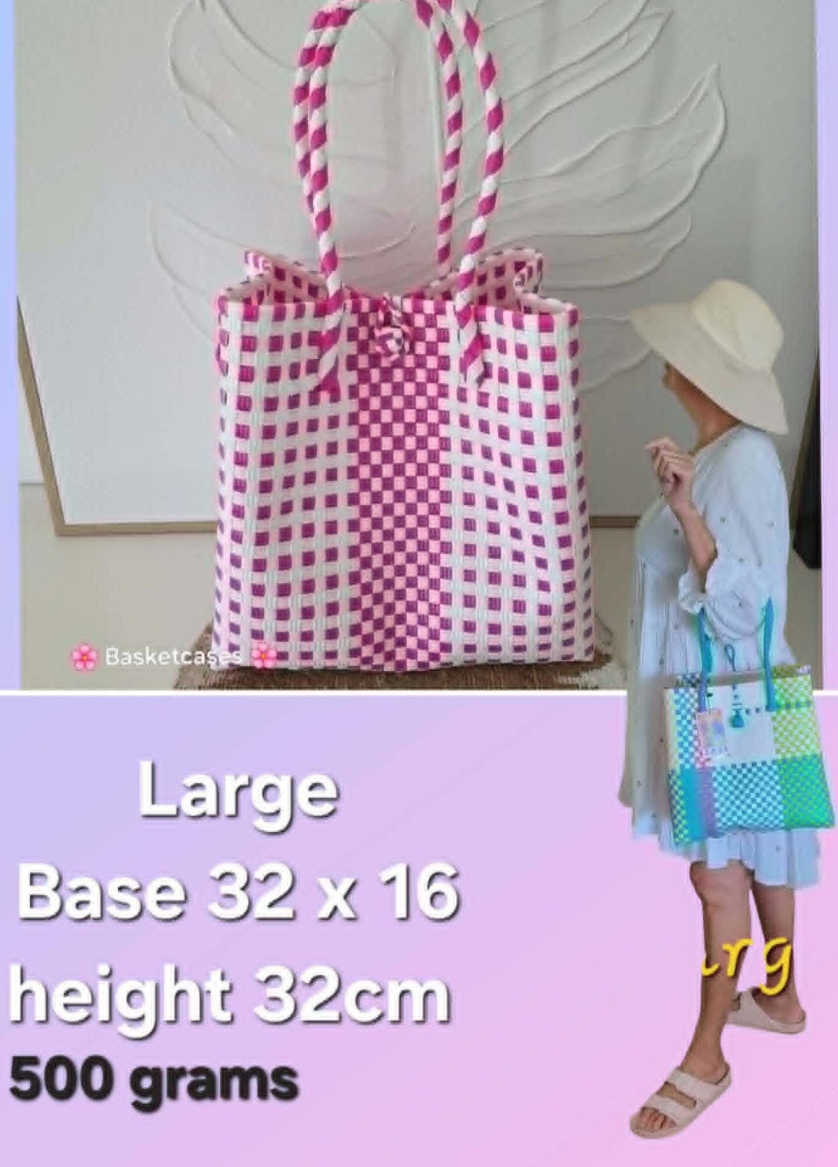 A large pink and white gingham tote bag with matching rope handles, shown alongside a model wearing a white hat and light blue dress carrying a smaller multicolor bag. Text on the image specifies dimensions: base 32 x 16, height 32cm, 500 grams.